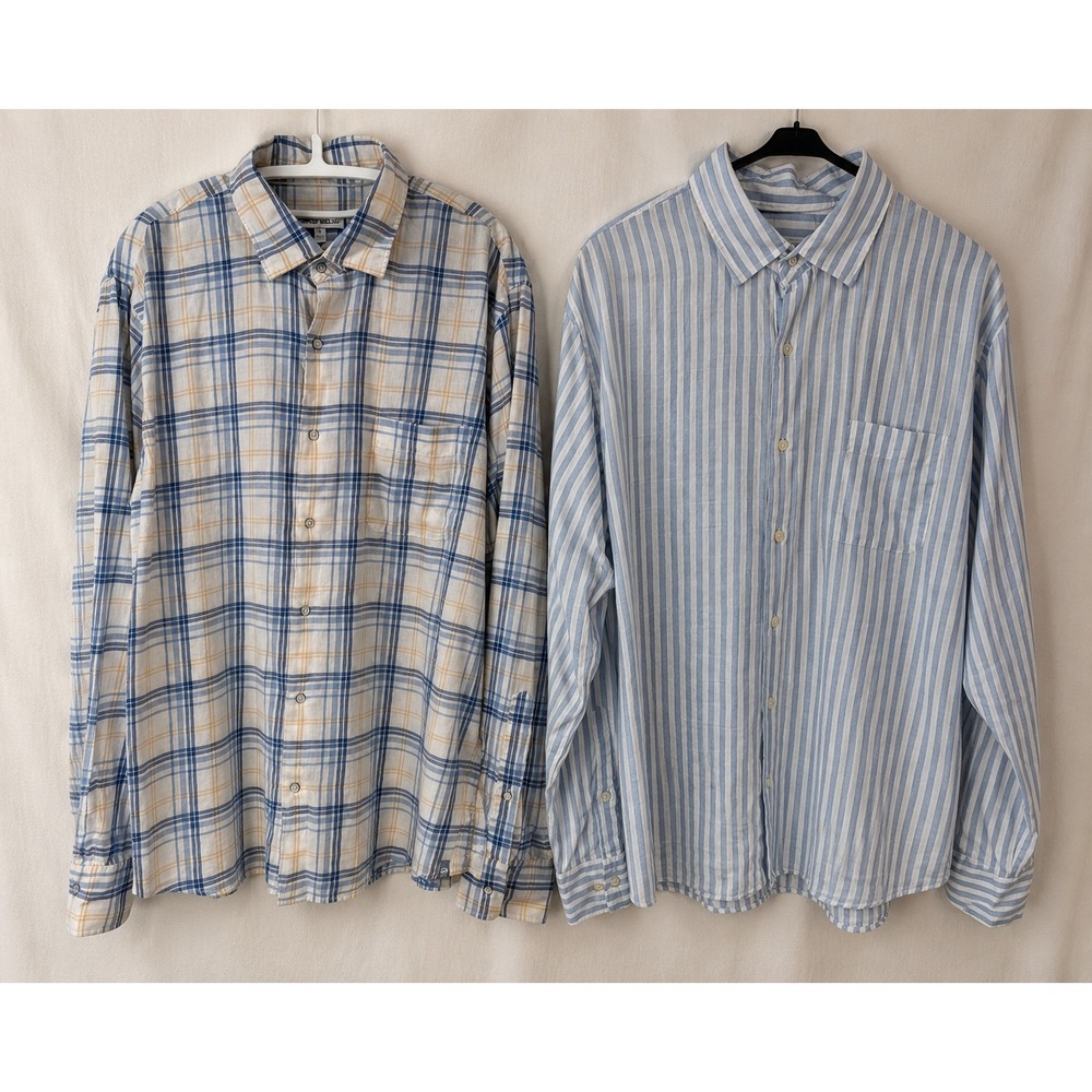 Peter Millar Mens Bundle Two Cotton Button Down Shirts Plaid Stripe Blue Large